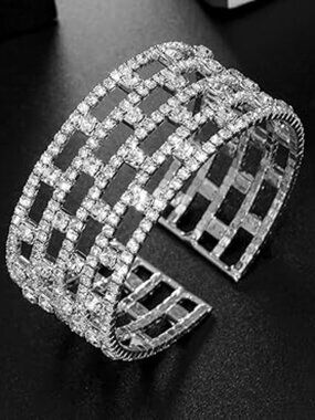 Multi Layer Crystal Cuff Bracelet Silver Tone  Lots of Rhinestones